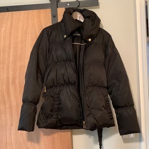 Black Andrew Marc puffer jacket. Excellent condition with gold accents and belt